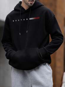 Sudadera con capucha de estampado de Boston de talla grande para hombre Krometka, sudadera holgada con bolsillo canguro, opción cómoda de ropa deportiva para otoño/invierno - Negro - Ver 2