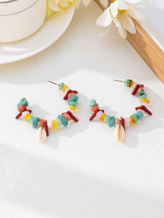 1 Pair Bohemian Style Acrylic Beaded Shell C-Shape Hoop Earrings, Suitable For Women's Daily Wear And Parties