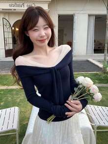 Navy Blue Sexy Lace Patchwork V-Neck Long Sleeve Sweater For Women, Cute & Youthful, Suitable For Winter, Christmas, Spring Festival