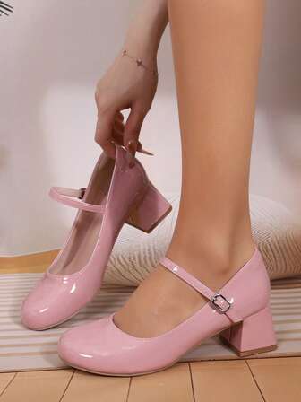 New Glossy Patent Leather Thick Heel Round Toe High Heels For Women. Instep Strap Mary Jane Pumps, Comfortable For Indoor/Outdoor Party, Evening Banquet. Pink High Heels For Women