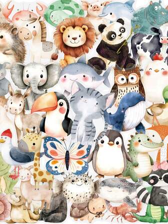 50张水彩小动物涂鸦贴纸，可爱清新风格，PET半透明防水材质，适用于摩托车头盔、汽车、礼品盒、信封、吉他、笔记本电脑、行李箱、DIY工艺品、头盔贴纸、游戏贴纸、笔记本电脑贴纸、游戏、手册贴纸、自行车贴纸、游戏玩家生日派对、游戏派对、办公室装饰等。