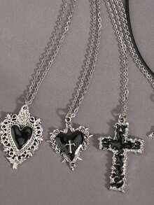 Bộ 5 chiếc/Bộ dây chuyền mặt hình thánh giá phong cách Gothic cổ điển, hoa hồng gai, thánh giá tan chảy, ngôi sao dành cho nữ - Bạc - Xem 6