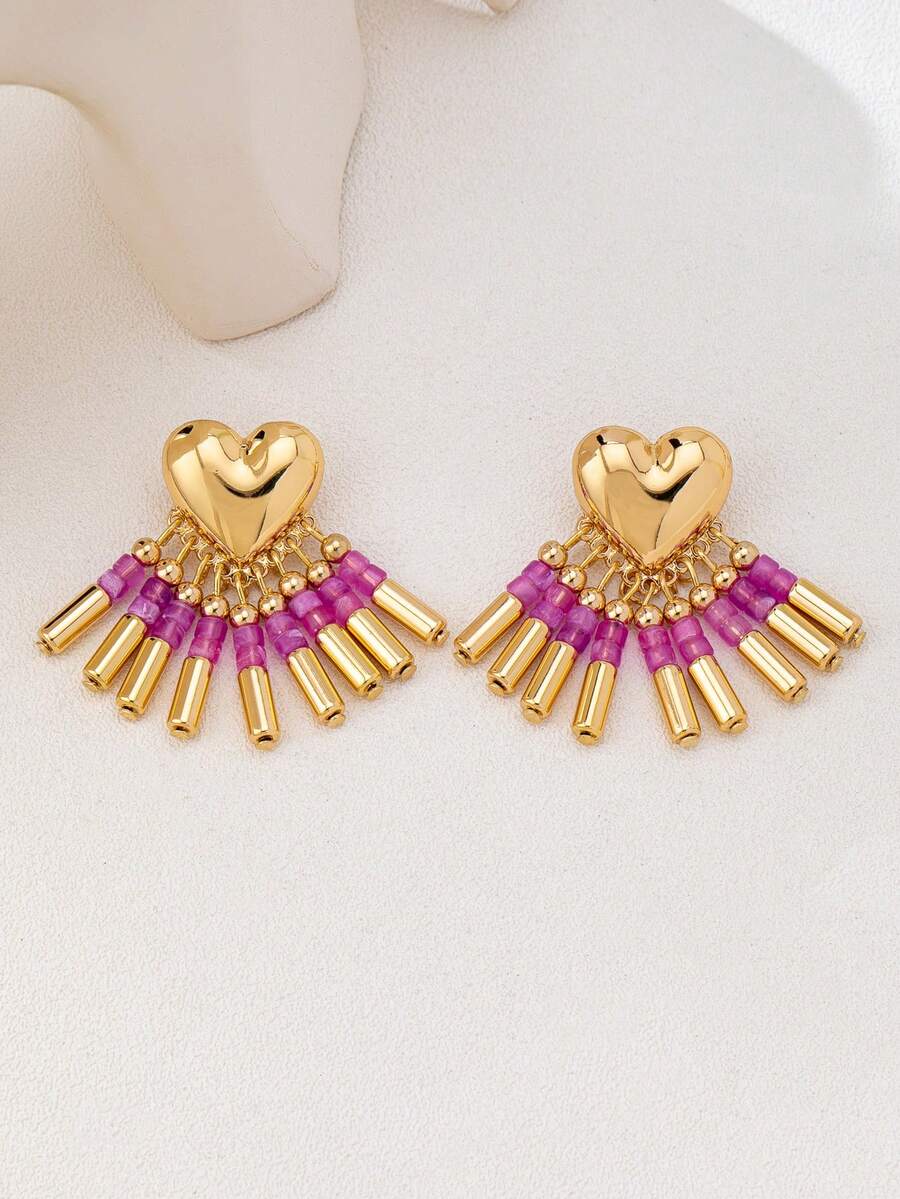 1 Đôi bông tai tua rua hình trái tim cổ điển thời trang cá nhân hóa, phong cách tối giản đa năng cao cấp dùng hàng ngày - Màu tím - Xem 1