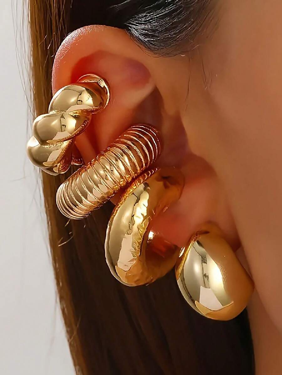 5pcs Fashionable Lightweight Hollow C-Shaped Spiral Clip On Earrings Set, Suitable For Daily Wear, Party And Wedding
