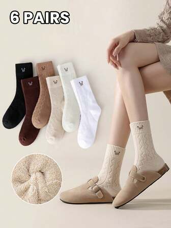 6 Pairs Women's Socks, Thick Fuzzy Texture, Solid Color, Retro Bear Pattern, Versatile, Elegant, Soft & Comfortable, Warm, Suitable For Daily Casual Wear, Mid-Calf Length, Autumn/Winter