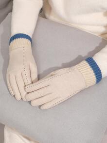 1 par de guantes de dedo completo de unicolor, elegantes y casuales, de poliéster con pantalla táctil, con forro cálido, de moda para mujer, para otoño/invierno