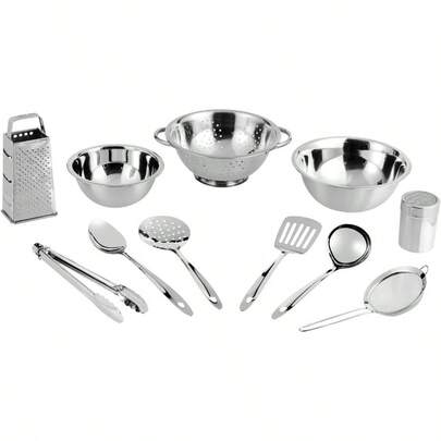 Stainless Steel Cookware Set 11Piece Kitchen Starter Set For Home Cooking Includes Mixing Bowls Stainless Steel Colander Food Strainer 4Side Grater Serving Spoons Ladle And Utility Tongs Durable RustResistant Easy To Clean Perfect For Daily Meal Prep And Family Dining