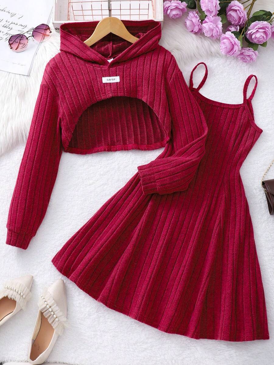 秋冬季女童及青少年休闲优雅短款上衣及连衣裙两件套 - 紅色 - 查看 1