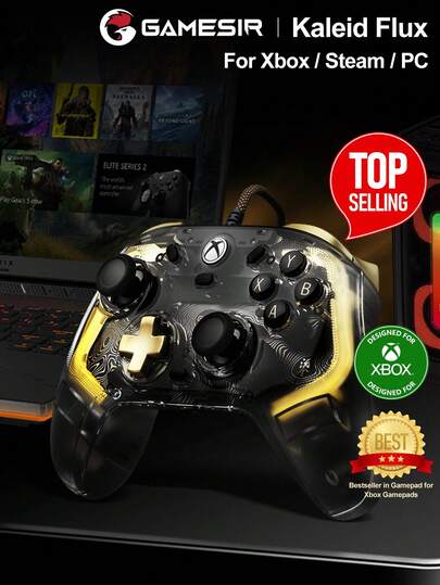 GAMESIR Controller di illuminazione RGB GameSir compatibile con Series X/S Kaleid/Kaleid Flux Gamepads PC compatibile con One Controle ufficialmente concesso in licenza da Microsoft Game Console Sticks per PC Win10 11 Steam con joystick ad effetto Hall e grilletti 4 motori a vibrazione Frequenza di polling 1000Hz, Nero trasparente Giallo