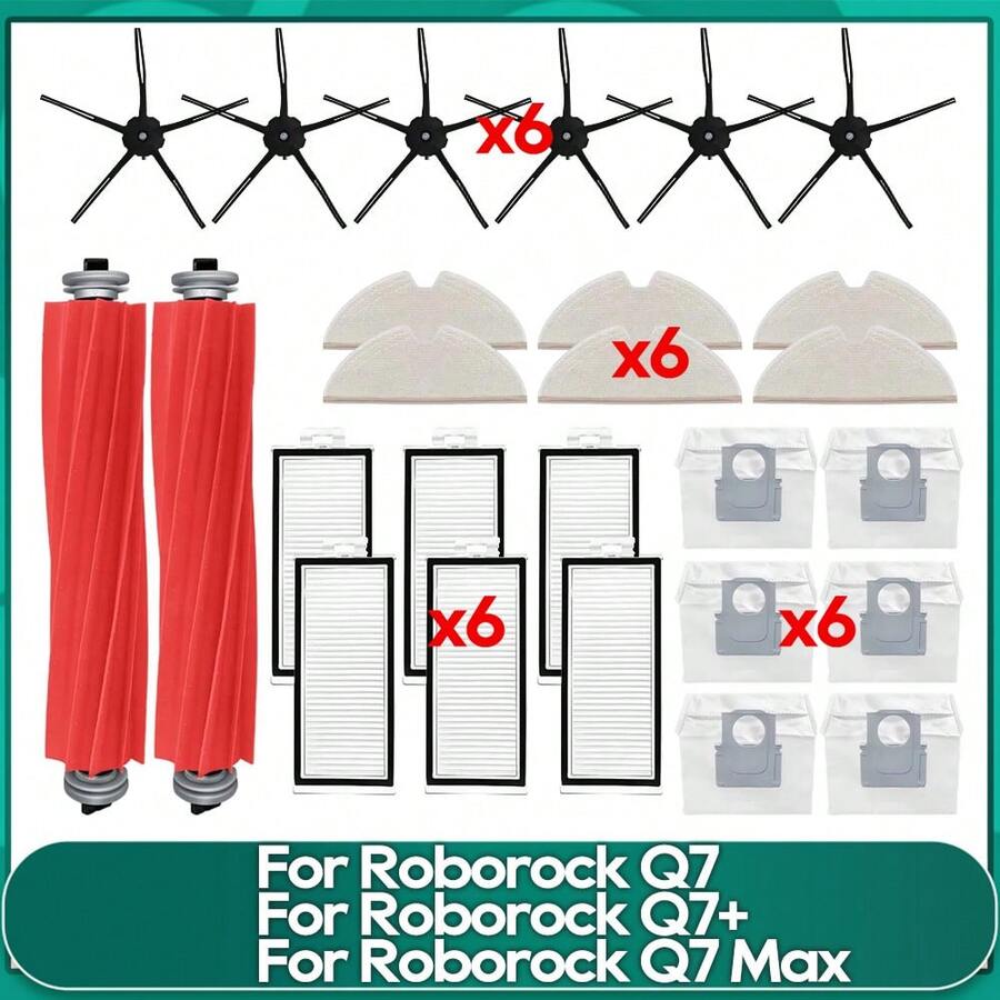 ملحقات مكنسة روبوروك Q7 MAX+/Q7+/Q7/T8 الرئيسية: فرشاة رئيسية، فلتر HEPA، قماش المسح، كيس الغبار