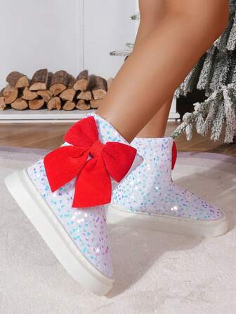 2025 damskor med paljettdetaljer och stor röd rosettdekoration, blåvita snöstövlar i konstull, bekväm och varm modell till mitten av vaden, plyschfoder, halkfri sula, lämplig för utomhusbruk under nyår och jul.