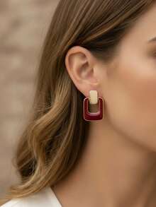 4Pcs/2Pcs Elegant Gold Brown Enamel Square Dangle Earrings, Enamel Hollow Drop Earrings For Women Daily Wear, Modern Geometric Statement Jewelry - Square Earrings - View 6