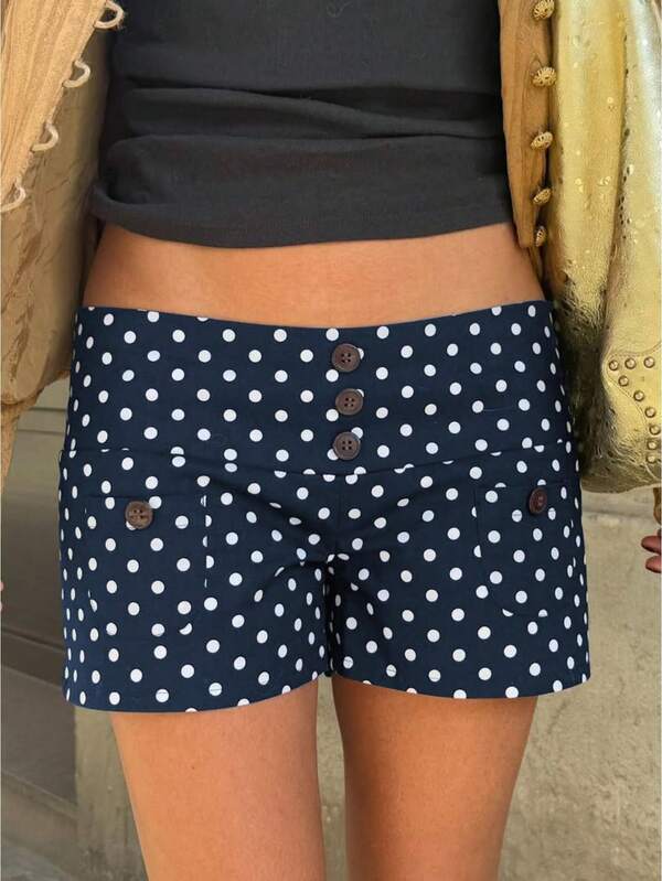 Pantalones cortos de pierna ancha para mujer con lunares, ligeros, con botones, de cintura alta, lindos, tipo short, para salir, ropa de calle