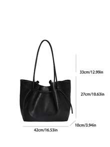 Stylish And Unique Drawstring Embellished Women's Tote Bag; High-End And Elegant Solid Color Minimalist Style Shoulder Bag; Modern Minimalist Style Autumn And Winter Commuter Bag, Suitable For College Students' Daily Travel, Lightweight And Large-Capacity Storage Commuter Bag - Black - View 6