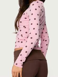 Women Long Sleeve Polka Dot T Shirt Slim Fit Crew Neck Tee Shirts Casual Basic Going Out Crop Tops Polka Dot Tops For Women Long Sleeve Crew Neck Slim Fit Shirt Tops Casual Going Out Tee Top Streetwear - 粉色 - 查看 4