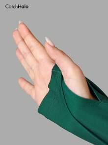 1pc Plus Size Fleece Sports T-Shirt, Green Long Raglan Sleeve With Thumb Hole, Curved Hem Round Neck Loose Soft Fit Winter - Dark Green - View 6
