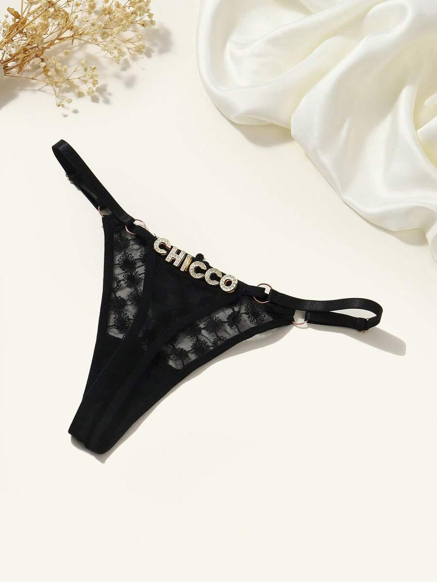 Customized Letter Lace Thong Panties, Personalized Crystal Decorated Thong, Sexy Bikini Lingerie, Unique Gift For Friends, Partners Or Girlfriends On Valentine's Day, Christmas, Halloween, Thanksgiving, Birthday Or Anniversary - Black - View 1