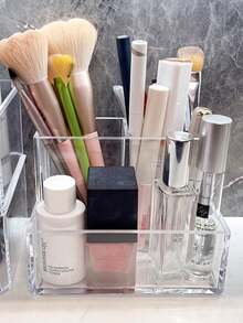 1pc Acrylic Transparent 3-Compartment Pen Holder, Desk Organizer Box, Suitable For Cosmetics And Stationery, Minimalist Multi-Function Desktop Storage - Multicolor - View 3