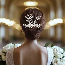 1 pieza Peine de pelo nupcial elegante hecho a mano con hojas de perlas falsas, minimalista y elegante para boda, fiesta, banquete - Plateado - Ver 3