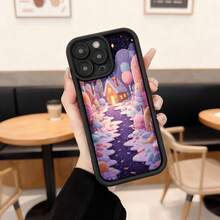 Cubierta de telefono con borde negro diseño de paisaje fantastico con casa de dulces y camino de algodón de azucar para uso diario en cafeterias Aplicable a los teléfonos de la serie Apple y Galaxy - Burdeos - Ver 3