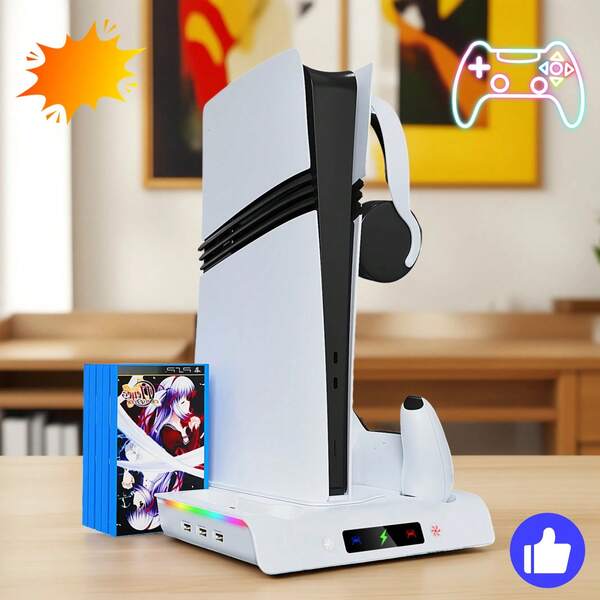 New Dual Charging Station With Adjustable 3-Speed Cooling Fan For Console (Compatible With Digital And Disc Versions), Touchpad Controls, Charges 2 Controllers Simultaneously, 9 RGB Lighting Modes, Storage Space For 5 Games Discs + 1 Remote Control, Ideal For Gamers