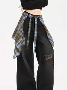 New Plaid One-Piece Waist Skirt With Decorative Drawstring, Unisex High Waist Tie-Up Versatile Skirt With Ruffle Hem Design, Suitable For Matching Family Outfits, Autumn/Winter