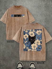 Retro Washed T-Shirt Double Sided Printed (230 Pure Cotton T-Shirt) 'Cat In The Flowers'  Cat And Flowers Pattern Print, Mens TShirt, Mens Shirt Casual, Comfortable, Fashionable T-Shirt, Street Style Cotton - 巧克力棕 - 查看 1