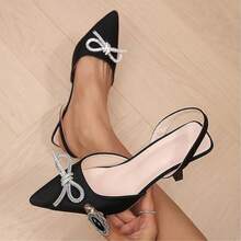 Women's Rhinestone Bow Knot Slingback High Heels – Elegant Pointed Toe Stiletto Sandals, Satin Black Dress Shoes For Party, Wedding, Evening Outfits - màu đen - Xem 3
