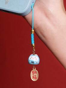 Pingente de Gato da Sorte Cerâmico, Cordão DIY para Celular, Pingente de Gato da Sorte para Celular, Enfeite de Bolsa, Suporte para Pen Drive