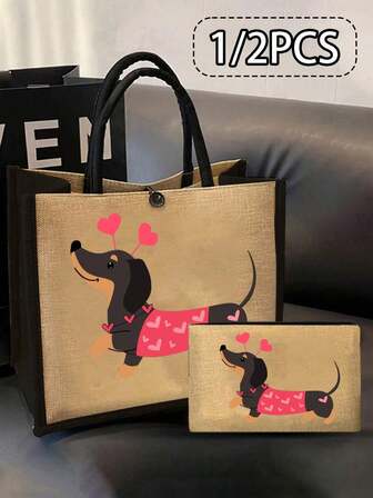 Cartoon Dog Pattern Tote Bag With Makeup Bag, Love Dachshund Letter Handbag, Dachshund Print Linen Tote Bag - Reusable Grocery Bag, Durable Shoulder Strap, School Bag, Casual Shoulder Bag, Retro Style Double Handle School Bag, Send Friends, Family And Classmates, Suitable For Graduates, Girls, College And High School Students