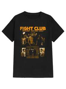 Camiseta Gráfica de los 90s Fight Club para Hombre - Camiseta de Película con Texto Naranja Intenso y Parches de Personajes, Camiseta Negra Casual de Manga Corta, Adecuada para Uso Casual, Camisetas de Boxeo, Uso en Todas las Temporadas, Ropa Nostálgica - Negro - Ver 1