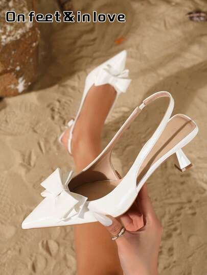 On feet& in love Fall/Winter 2025 Women's Fashionable Elegant Patent Leather Bow Decor Pointy Toe Slip-On High Heel Pumps, Suitable For Dresses,Elegant,Elegant,Kitten Heels,Pointed Heels,Wedding Outfits