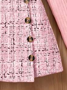 Tween Girl Solid Ruffle Sleeve Crew Neck Long Sleeve Top And Plaid Mini Skirt Set - Pink - View 6