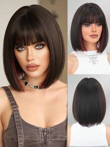 7JHH WIGS 12 Inch Dark Brown Bob Wig For Women - Elegant Mix Reddish Highlight Short Straight Wig With Bangs, Synthetic Heat Resistant Fiber Full Machine Fake Hair For Daily Wear, Music Festivals Celebrations & Streetwear Special Use, Party Wigs Accessory - 挑染紅色 - 查看 2