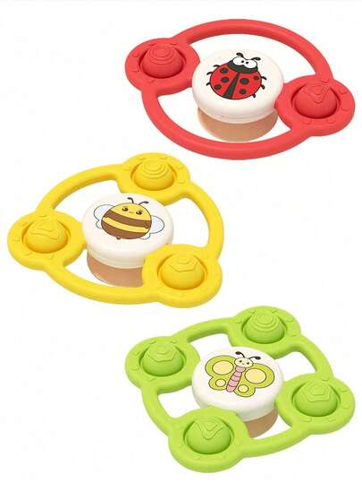 Conjunto de 3 brinquedos giratórios com ventosa para bebês, em formato de inseto fofo, para estimular o nervosismo. Feitos de silicone macio e fácil de pressionar pelas mãozinhas do bebê, aderem a diversas superfícies.