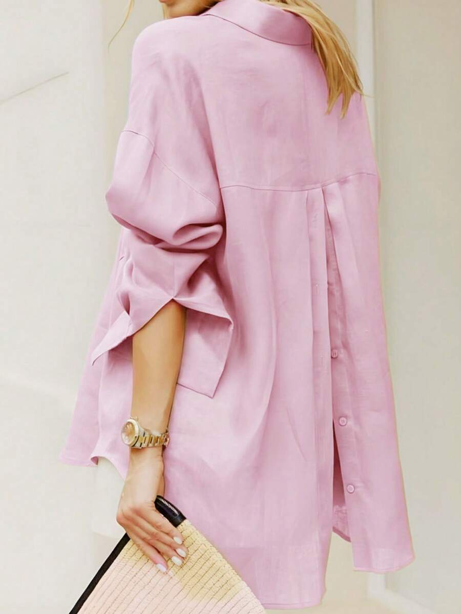 Ny höstmode Långärmad skjorta med knappar Camisa Manga Larga Fina toppar och blusar för kvinnor - Rosa - Visa 1