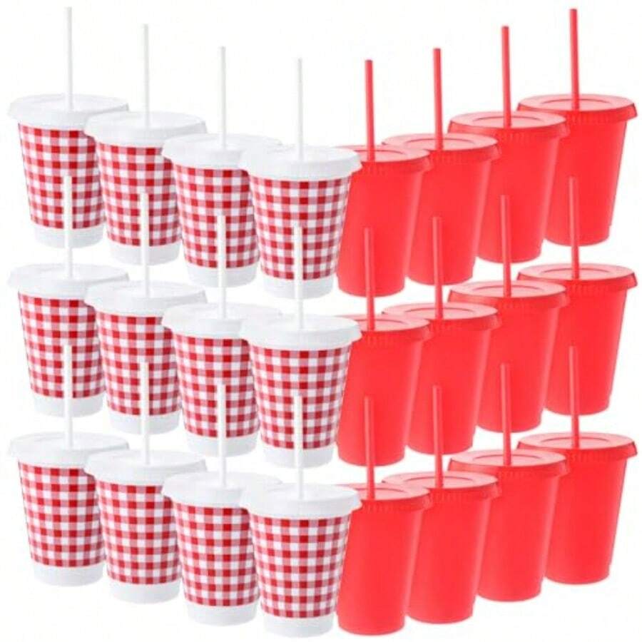 D24 Pcs Gingham Red And White Party Plies Disposable Plastic Cups 16 Oz Picnic Checkered Tumblers For Summer BBQ Pizza Cookout Family Dinner Birthday Party Decoration - đỏ trắng - Xem 1