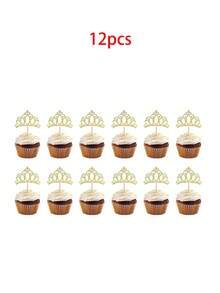24个金色皇冠蛋糕装饰插牌，闪亮女王皇冠纸杯蛋糕插签，适用于女王/公主主题蛋糕、婚礼、生日派对、性别揭晓蛋糕装饰 - 金色 - 查看 9