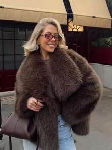 SHIBASHAN 女士冬季时尚仿皮草夹克带口袋长袖翻领毛绒外套时尚厚实保暖外套 - 深棕色 - 查看 4