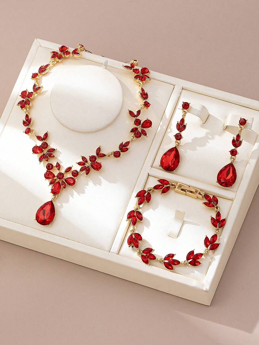 1 Set Elegant Luxury Romantic Floral Teardrop Rhinestone Jewelry Set, High-End Bridal/Wedding/Party Accessories, Intimate Gift - Red - View 1