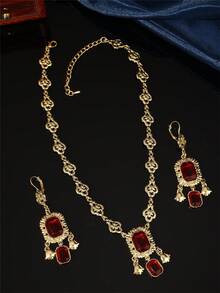 1 Set Vintage Palace Style Elegant Women Jewelry Set, Necklace Earrings With Artificial Gemstones And Pendant, Ideal Gift For Women On Festivals And Parties