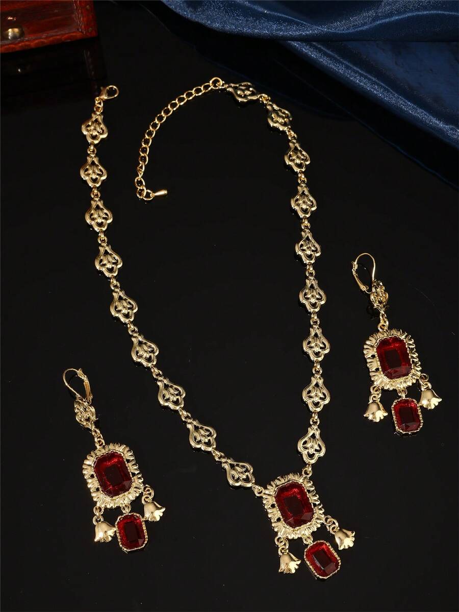 1 Set Vintage Palace Style Elegant Women Jewelry Set, Necklace Earrings With Artificial Gemstones And Pendant, Ideal Gift For Women On Festivals And Parties