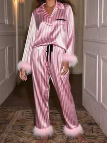 Satin Silk Pajama Set For Women Fall 2 Piece Striped Lounge Set Fuzzy Trim Long Sleeve Button Up T Shirt With Drawstring Elastic Waist Wide Leg Pants Matching Sleepwear Loungewear Set - 粉色 - 查看 2