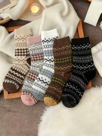 1双/5双女士新款秋冬厚款保暖复古袜子，情侣礼物，时尚百搭中筒袜