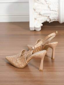 女士时尚尖头杏色石纹皮革鞋面深V高跟鞋，细跟浅口鞋，百搭性感小众露跟复古高跟鞋，夏季新款 - 杏色 - 查看 6