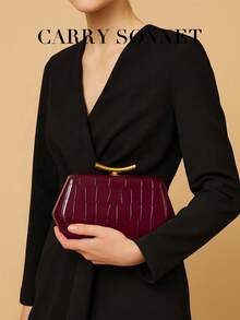 Elegant Geometric Pattern Hard Shell Clutch, Glossy Burgundy PU Handbag With Metal Details, Perfect For Party And Wedding Outfits - Burgundy - View 6