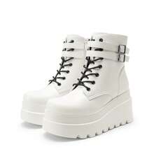 Women Platform Combat Ankle Boots Goth Chunky High Heel Lace Up Motorcycle Booties - White - View 5