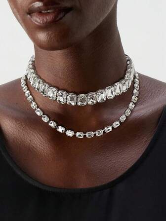 1 pieza Nuevo collar de cristal multicapa exagerado, elegante collar gargantilla de alta gama para fiestas y eventos