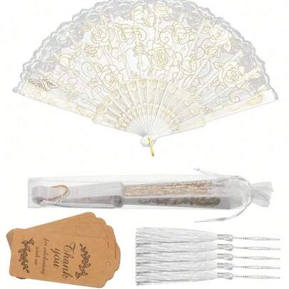 40pcs/20pcs/4pcs Elegant Vintage Rose Lace Floral Hand Fans, Vintage Style White Rose Folding Hand Fans, Includes 5pcs Fans, 5pcs Thank You Cards, 5pcs Tassels And 5pcs Organza Bags, White And Gold Floral Pattern, With Tassels, Suitable For Weddings, Bridal Showers, Parties And Church Decorations, Balls And Party Props, Church Wedding Decor