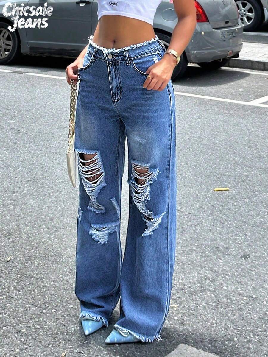 Women's Casual Street Ripped Raw Edge Loose Wide Leg Jeans - Dark Wash - View 1